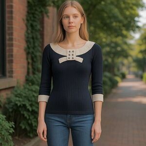 Pilcro & Letterpress by Anthropologie Blue “Ribboned Collar Top” Women’s Size XS